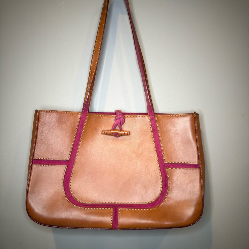 Classic Tan and Pink Leather Shoulder Bag